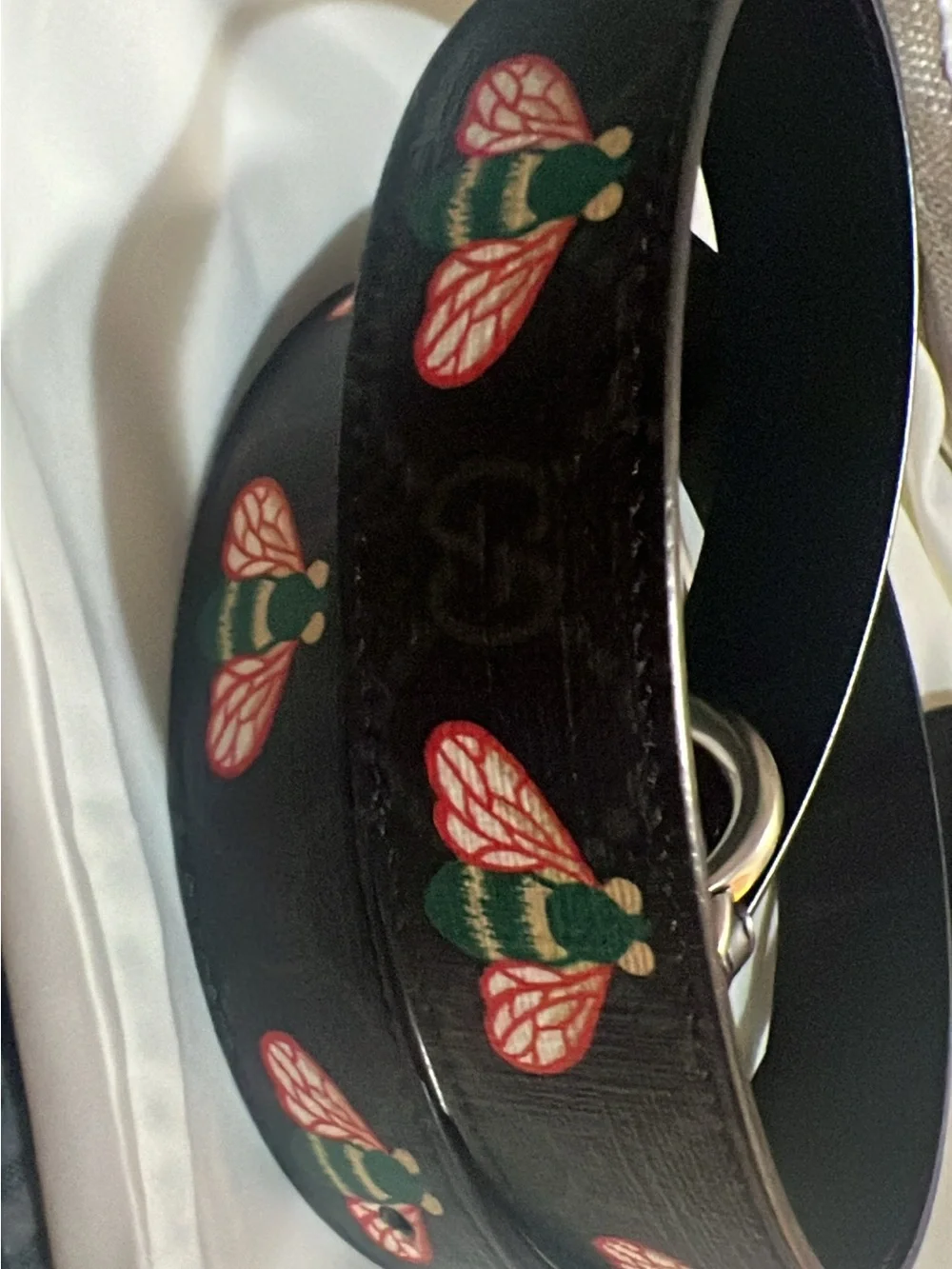 Gucci Black Coated Canvas GG Buckle Belt with Bee Design